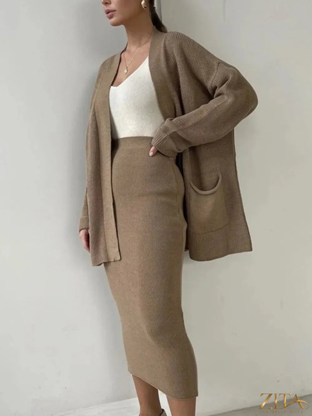 Zita La Belle Elite pocketed long sleeve cardigan and matching skirt sweater set, soft knit fabric, front pockets, stylish and comfortable.