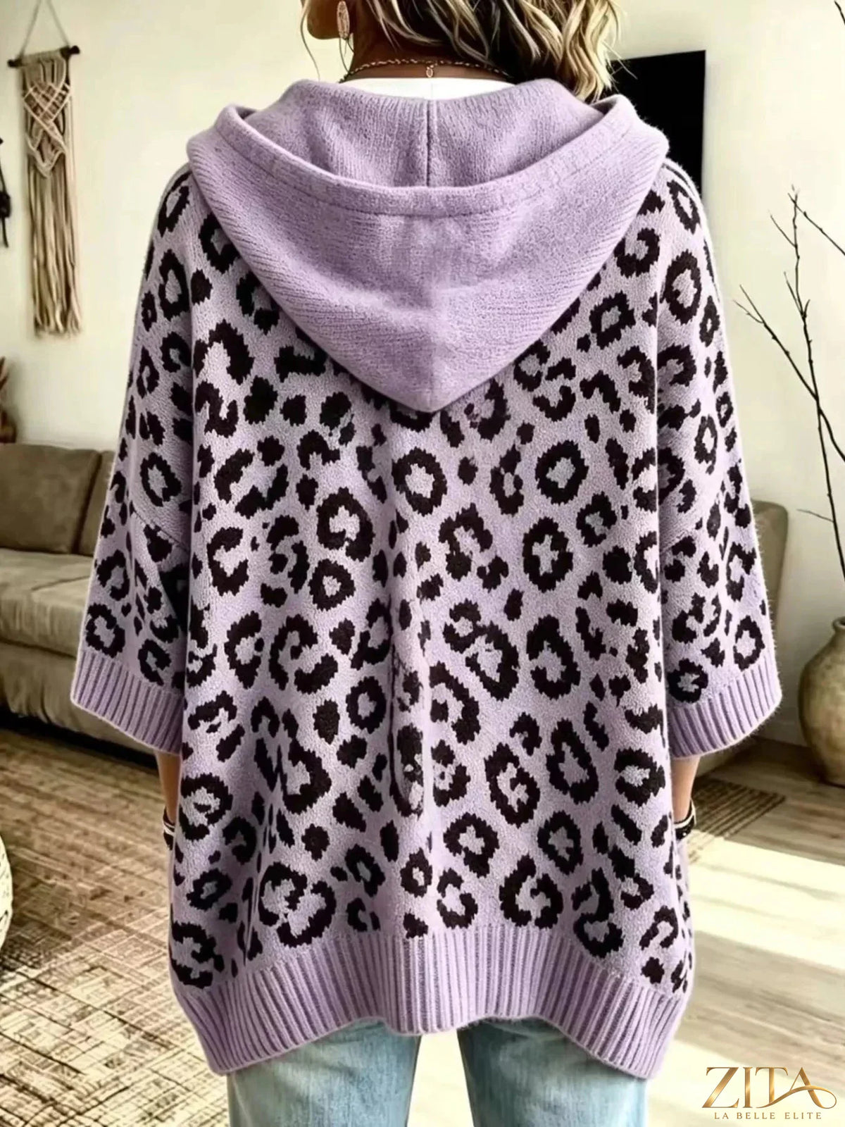 Zita La Belle Elite leopard print hooded sweater with drawstring, featuring a cozy fit and stylish design.