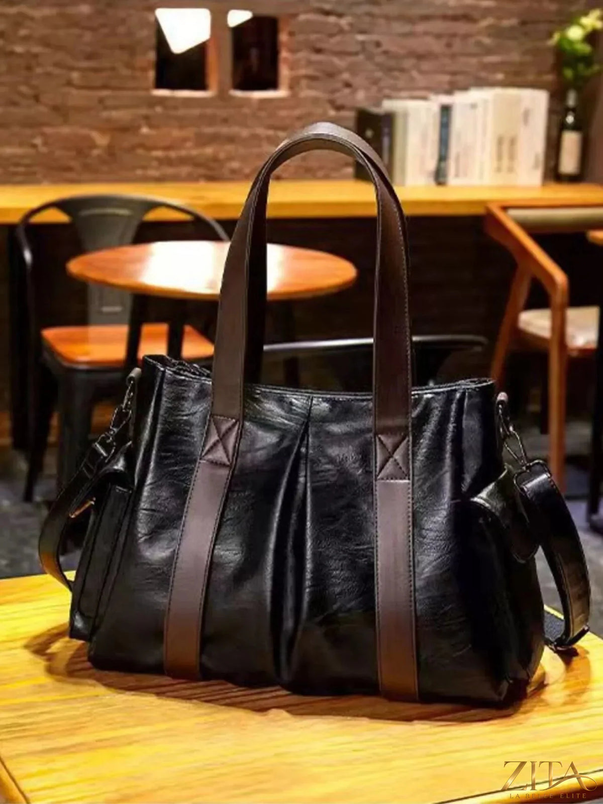 Trendsi PU leather handbag with top handles, gold-tone hardware, and spacious interior, stylish accessory for everyday use.