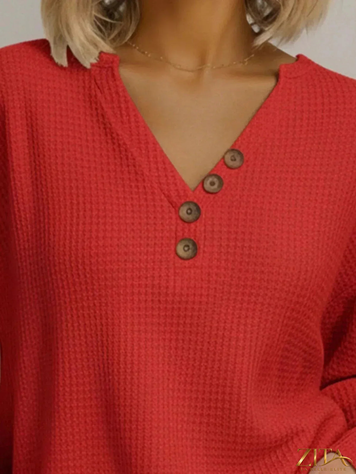 Plus size Zita La Belle Elite waffle knit V-neck long sleeve T-shirt in casual style, featuring a full-size fit and waffle texture.