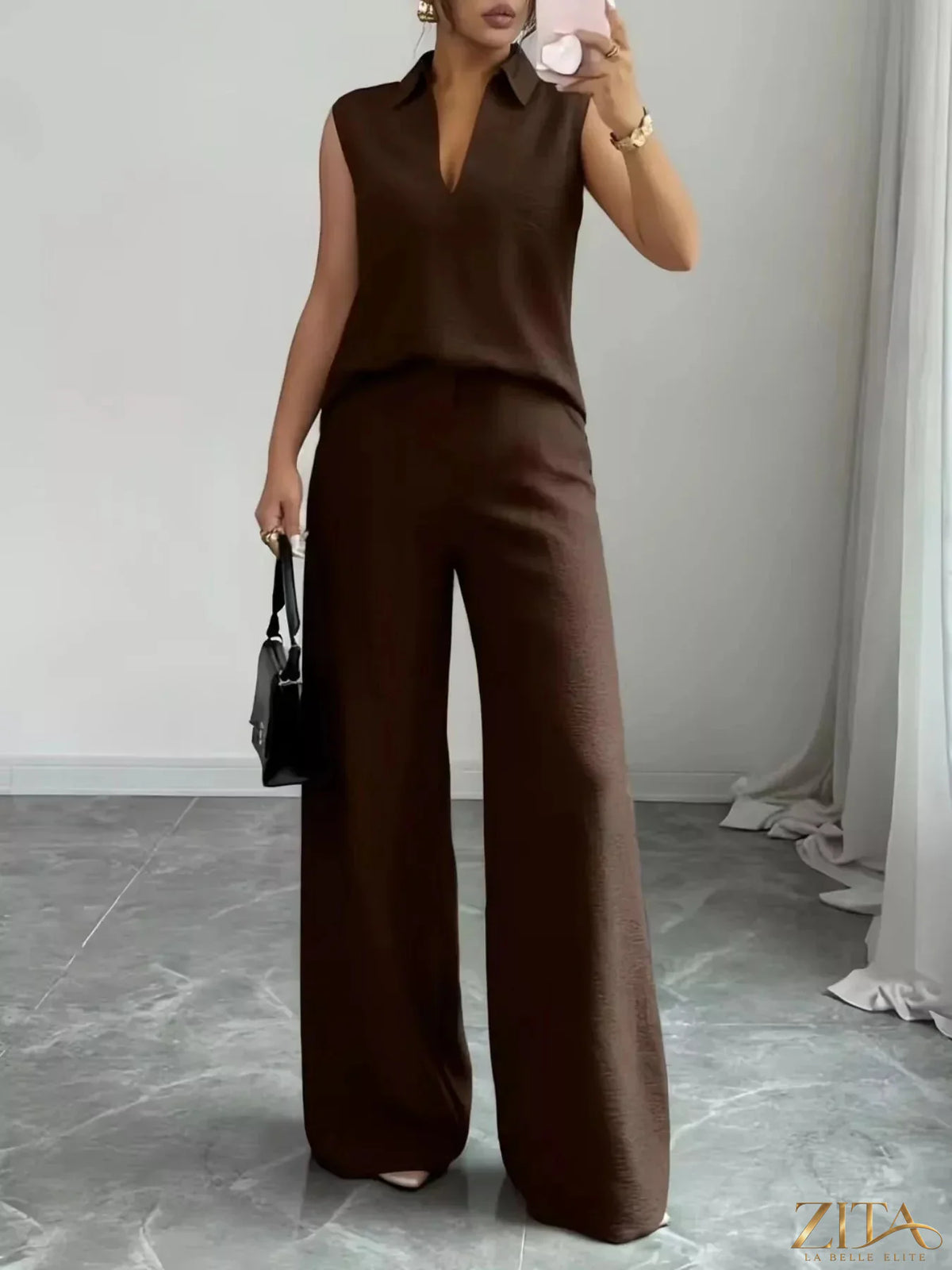 Zita La Belle Elite sleeveless top and wide-leg pants set in a stylish, coordinated outfit with a modern, elegant fit.