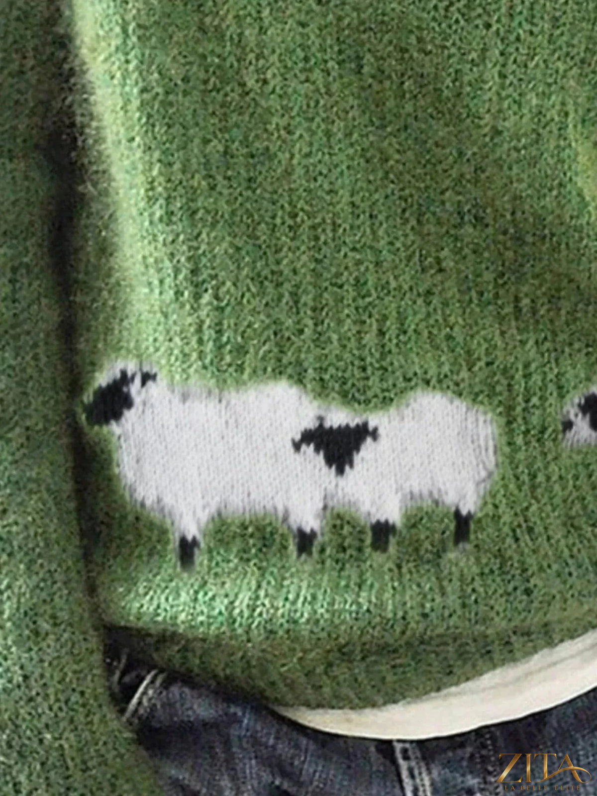 Plus size Zita La Belle Elite sheep pattern round neck sweater featuring a full-size sheep print on soft fabric.