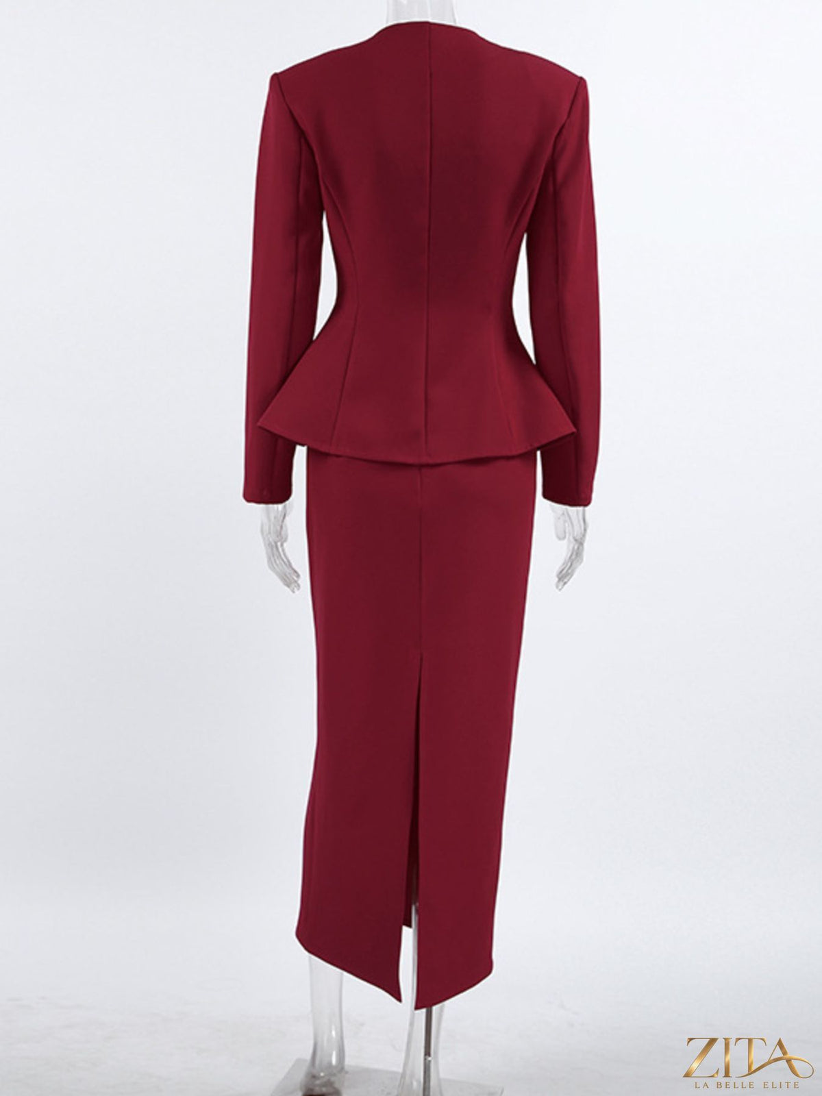 Zita La Belle Elite button-up peplum blazer and matching skirt set shown on a model, stylish formal outfit with structured fit and classic design.