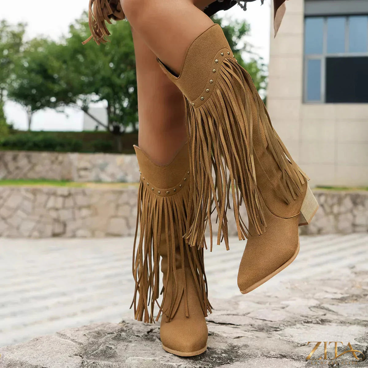 Zita La Belle Elite fringe point toe block heel boots with stylish design and ankle-high silhouette, perfect for trendy footwear.
