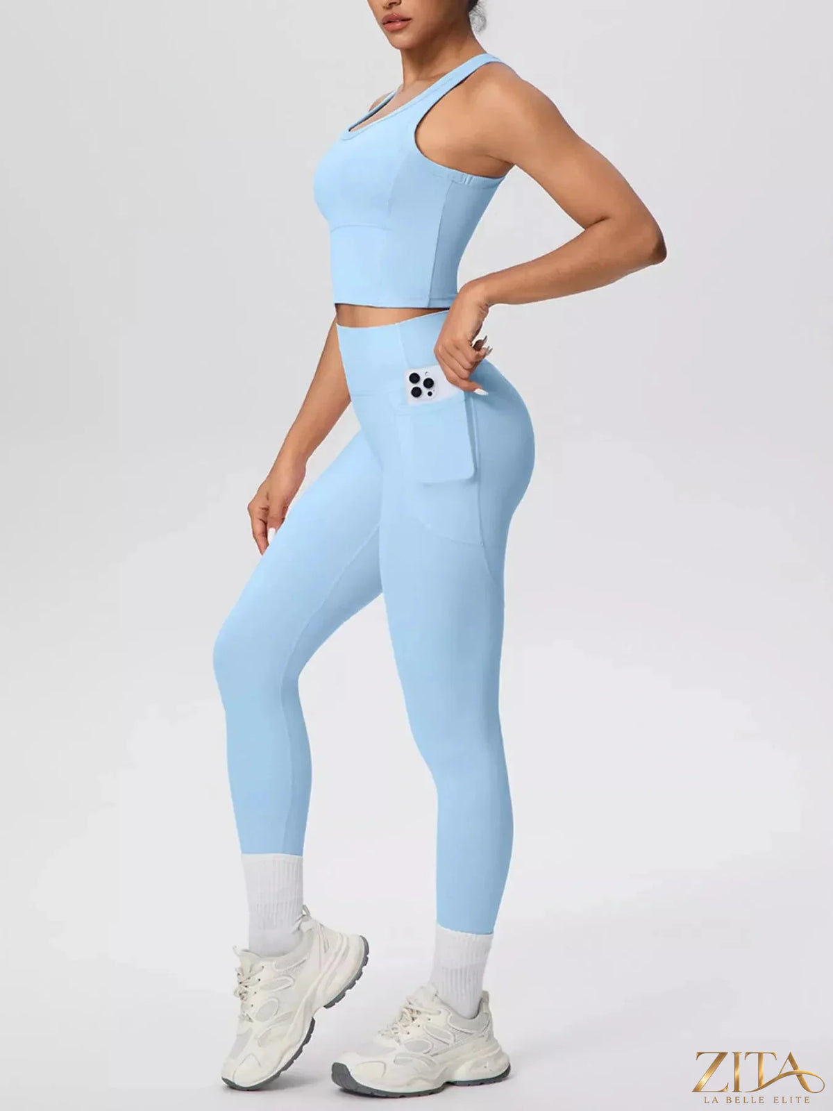 Zita La Belle Elite scoop neck tank top and high-waisted leggings active set, black, stretchy workout apparel on a model.