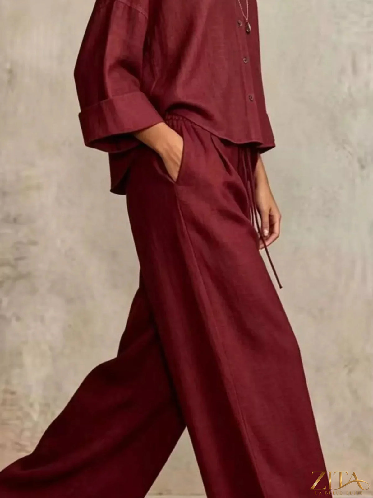 Plus size Zita La Belle Elite button-down shirt and wide-leg pants set, featuring a stylish, coordinated outfit in natural fabric.