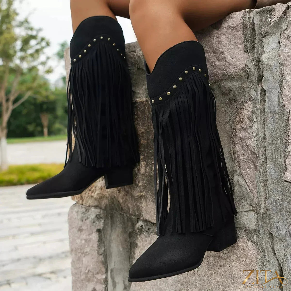 Zita La Belle Elite fringe point toe block heel boots showing tan leather with fringe details and chunky heel.