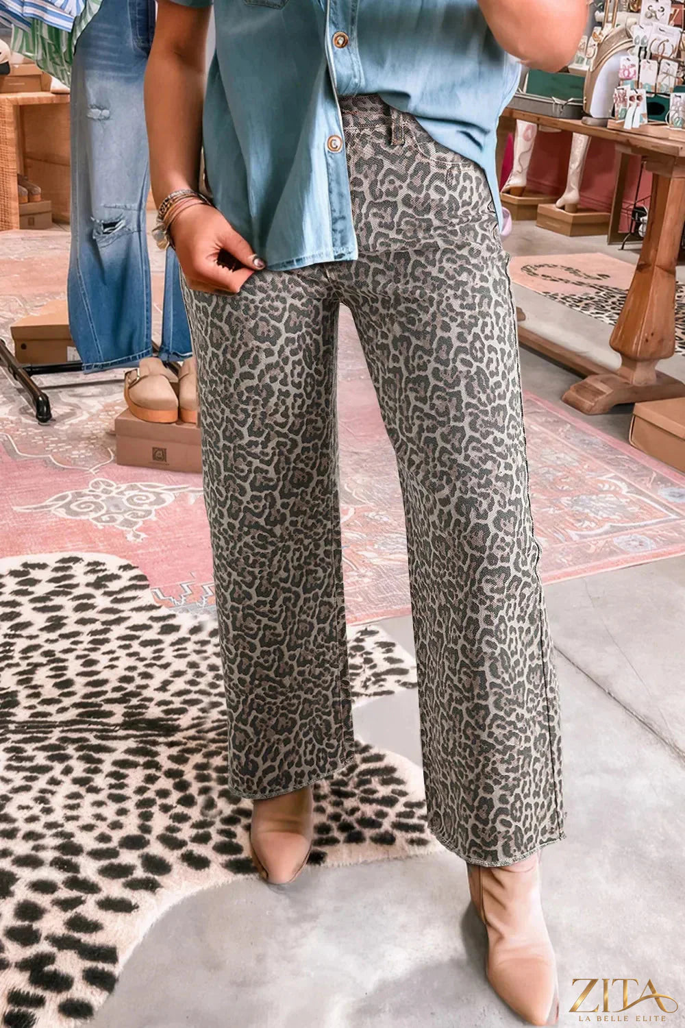 Leopard print frayed edge wide leg high waist jeans by Zita La Belle Elite, showing the stylish design and distressed hem detail.
