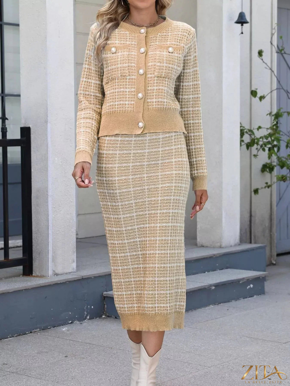 Zita La Belle Elite plaid knit cardigan and midi skirt sweater set, featuring a cozy checked pattern and matching ensemble.