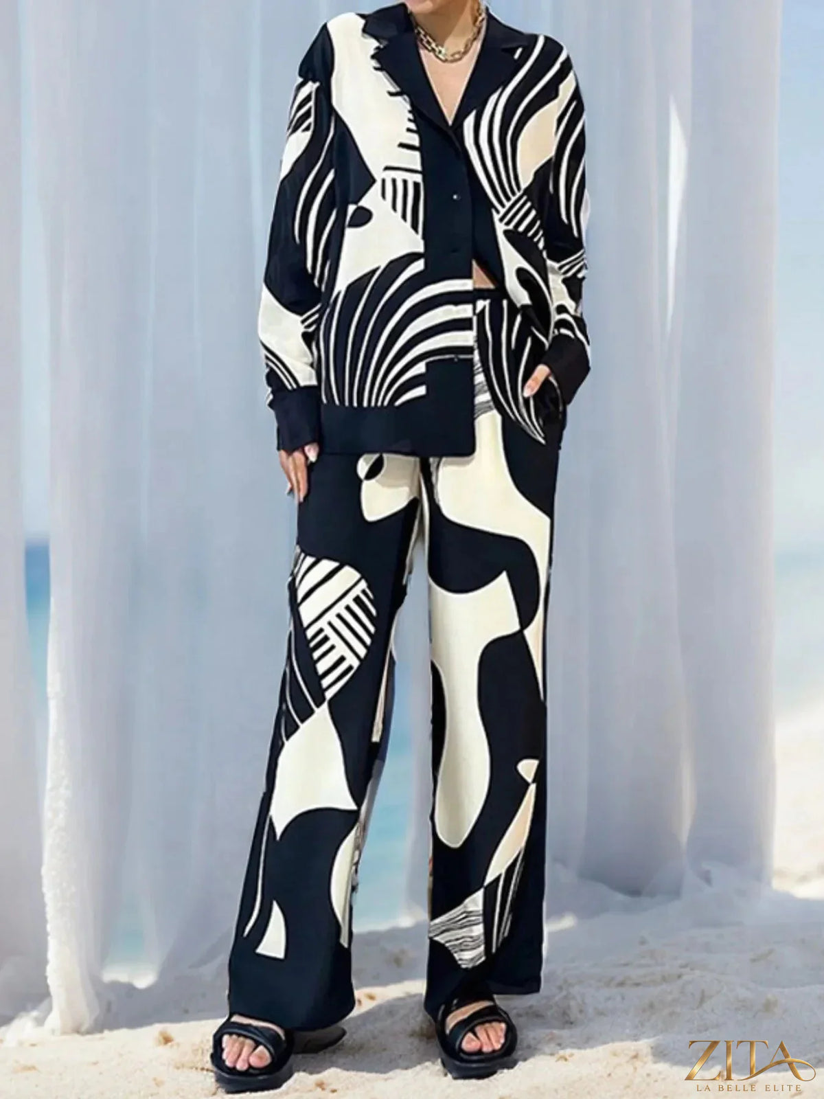 Zita La Belle Elite printed long sleeve shirt and matching pants set displayed on a mannequin, showcasing stylish casual wear.