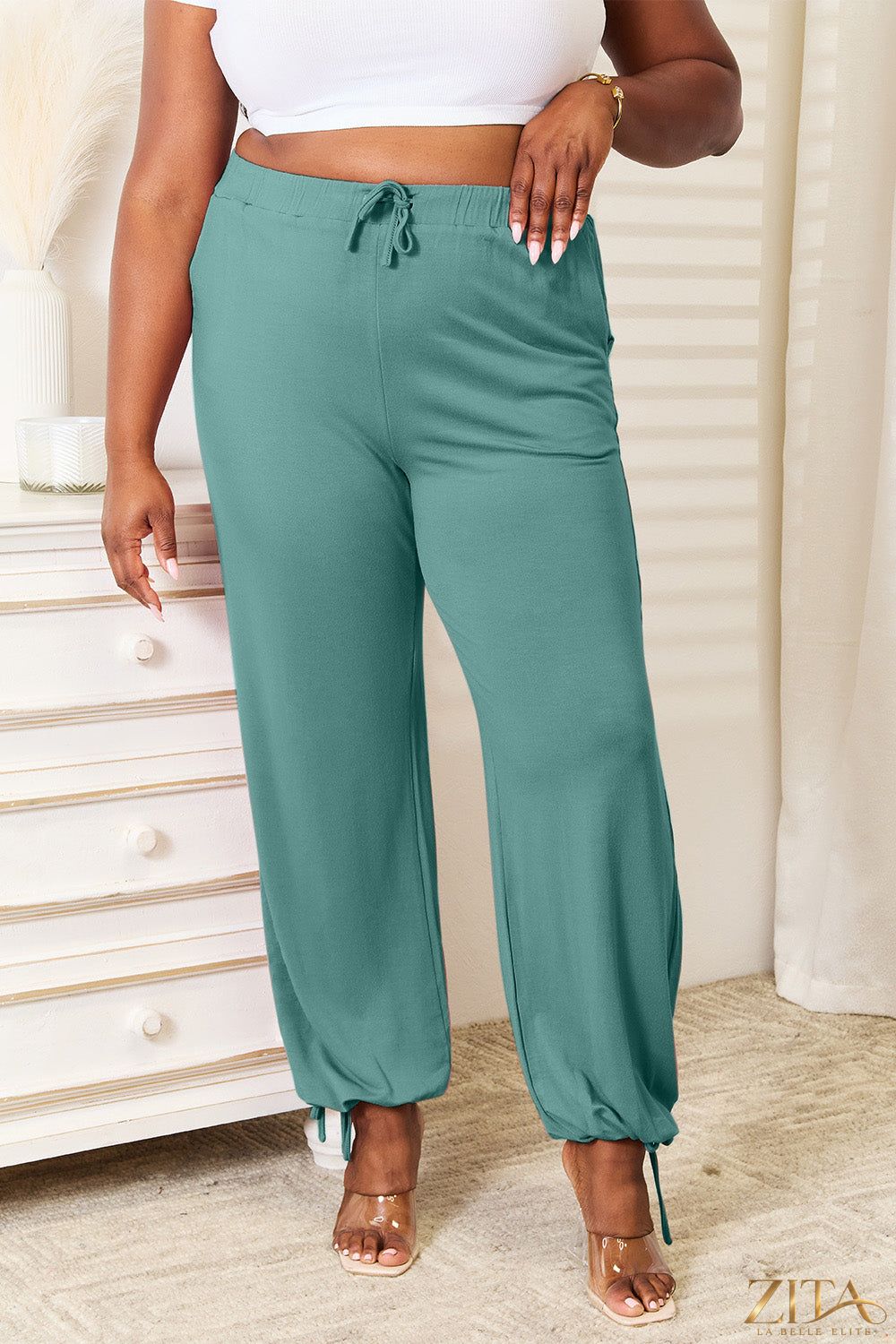 Zita La Belle Elite Basic Bae full size soft rayon drawstring waist pants with pockets, casual lounge or everyday wear