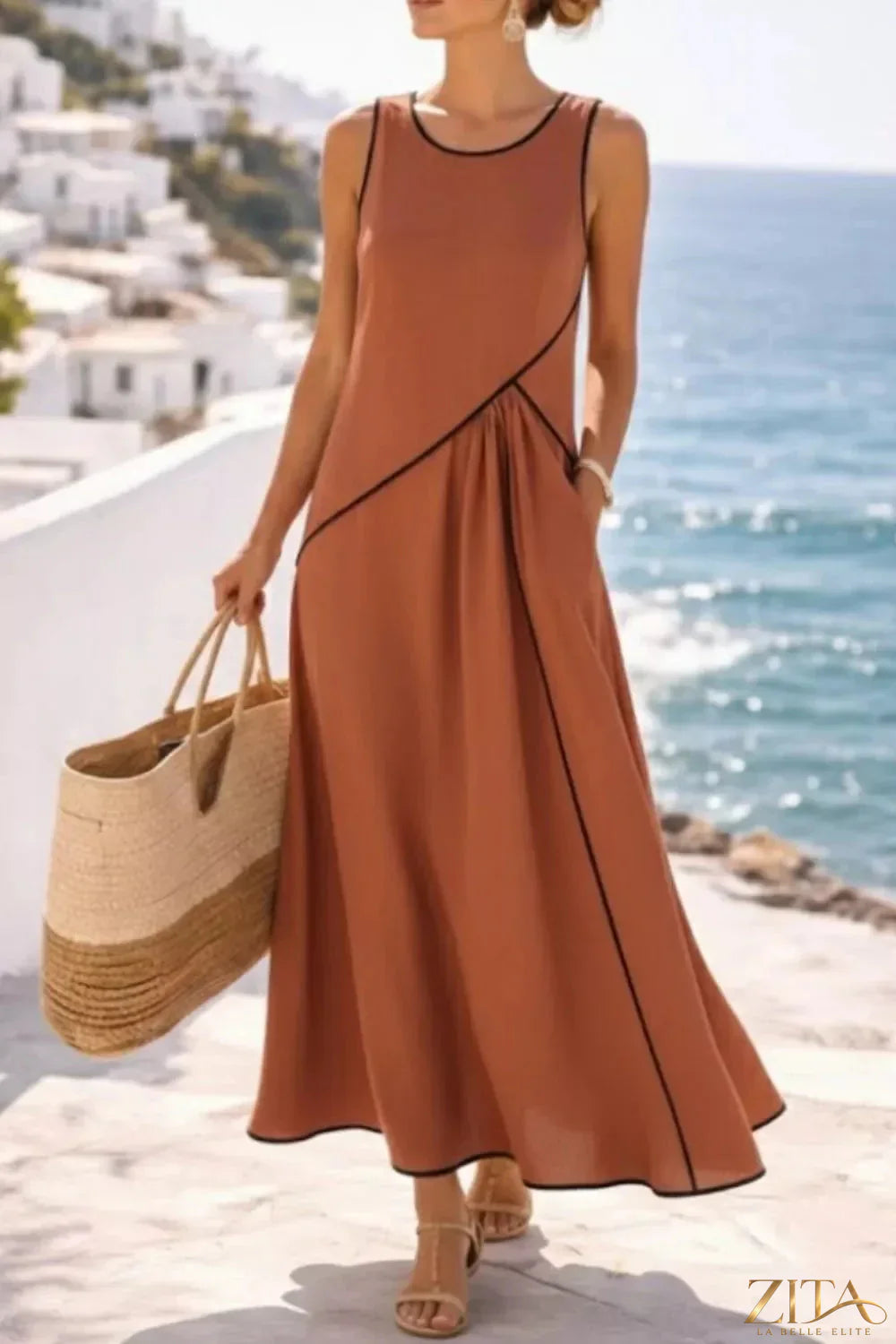Zita La Belle Elite sleeveless casual maxi dress with contrast trim, flowing fabric and relaxed fit.