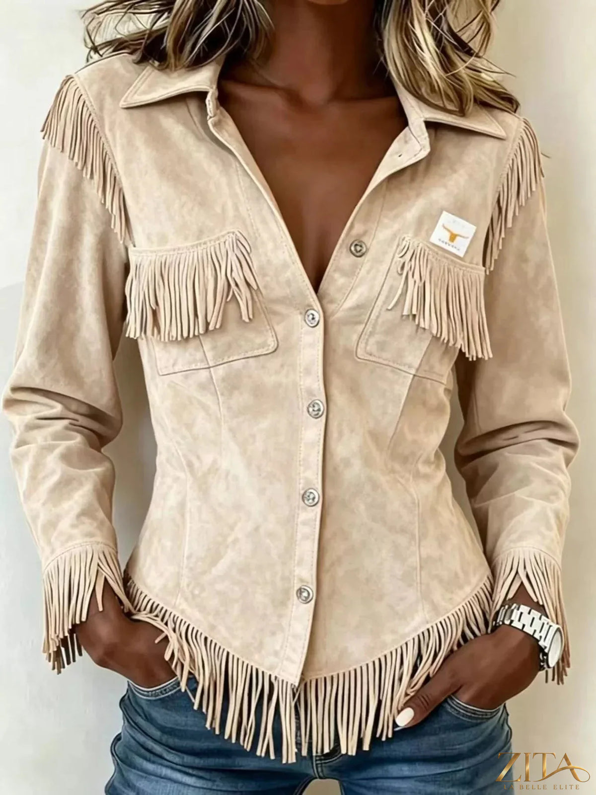 Plus size fringed snap-down jacket by Trendsi, full-length style with fringed details and classic collar, ideal for casual wear.
