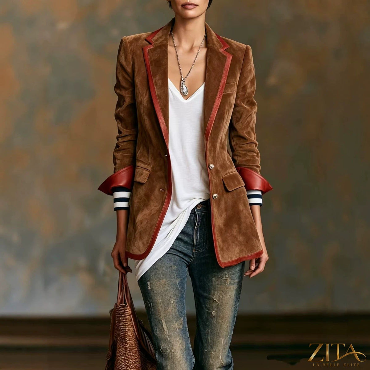 Zita La Belle Elite suede color-block blazer with contrast trim, tailored coat featuring mixed suede panels and stylish detailing.