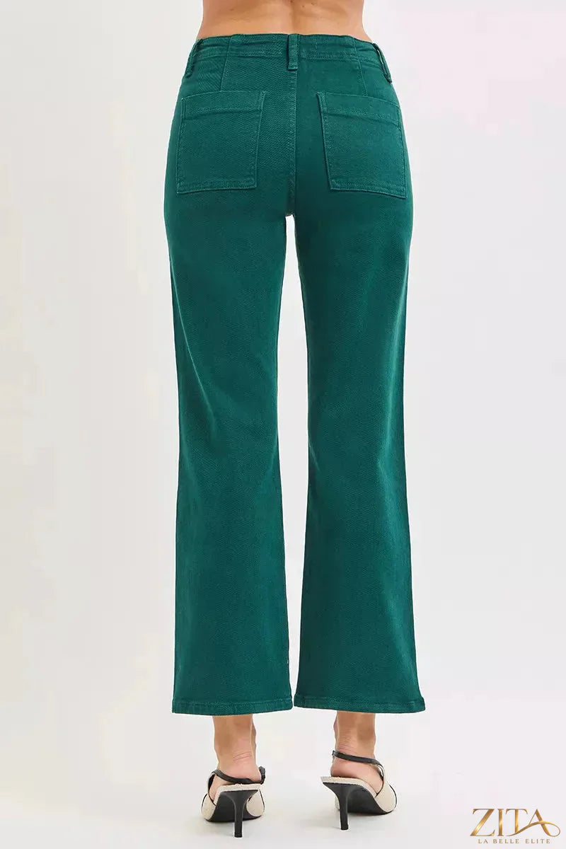 Zita La Belle Elite RISEN high rise ankle flare jeans with patch pockets, denim fabric, and classic five-pocket design.