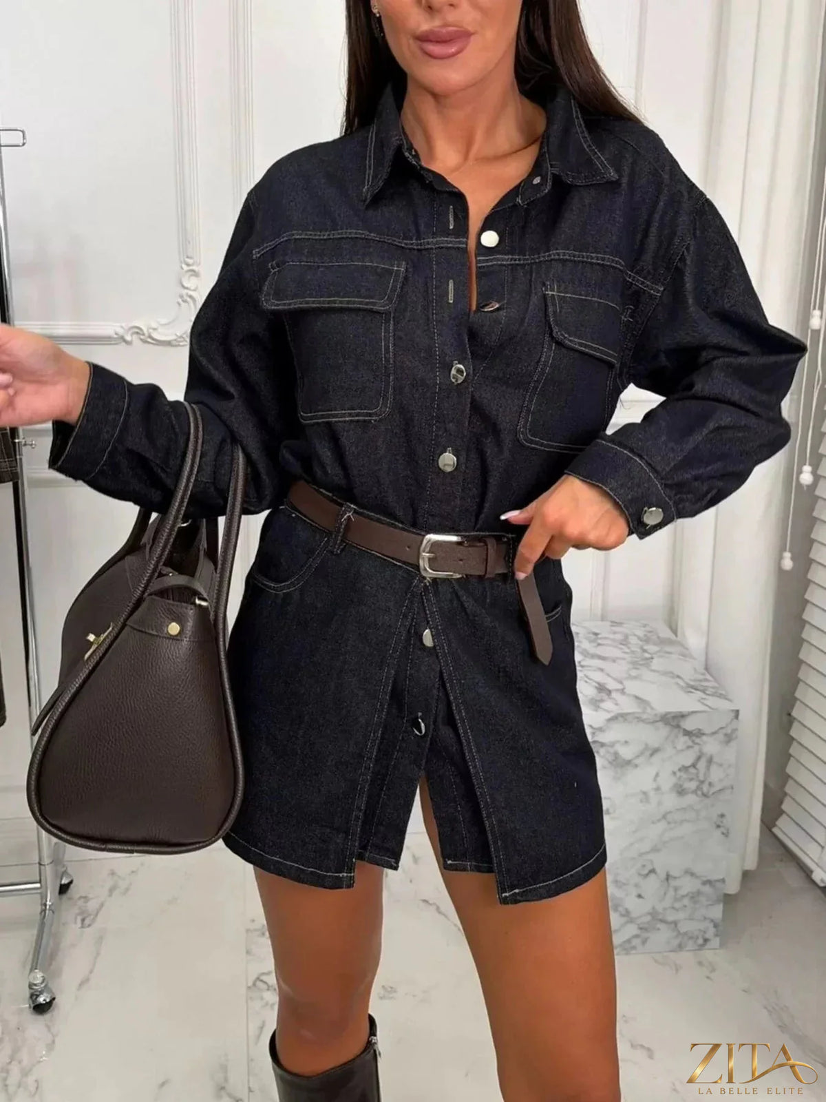 Vintage washed denim jacket by Zita La Belle Elite with chest pockets, shown in a classic blue denim with a relaxed fit.