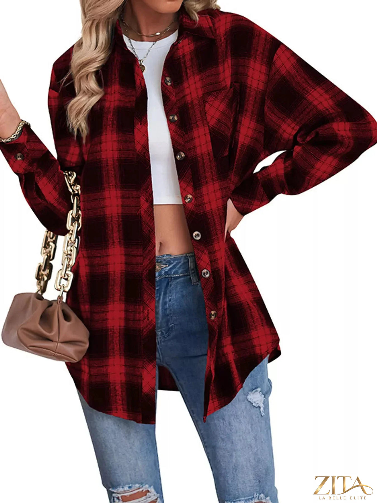 Zita La Belle Elite plaid button-down oversized shirt with a relaxed fit, featuring a classic checkered pattern in neutral tones.