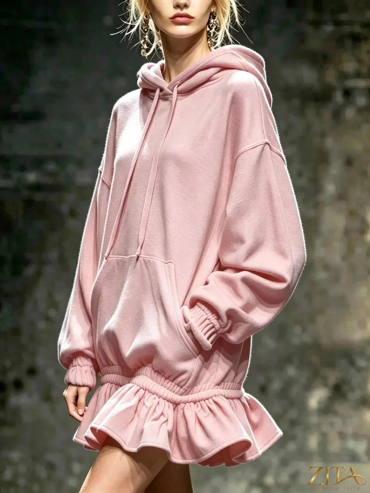 Zita La Belle Elite casual chic hoodie sweatshirt mini dress with ruffled hem, soft fabric, and relaxed fit for stylish comfort.