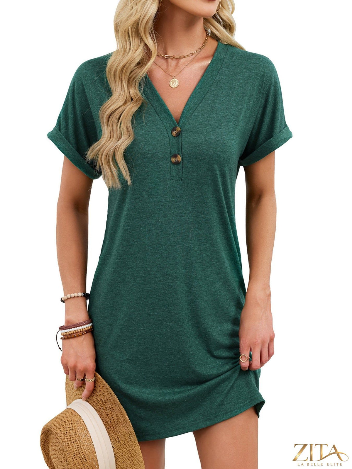 Zita La Belle Elite casual v-neck short sleeve T-shirt dress in soft fabric, displayed hanging on a wooden hanger.