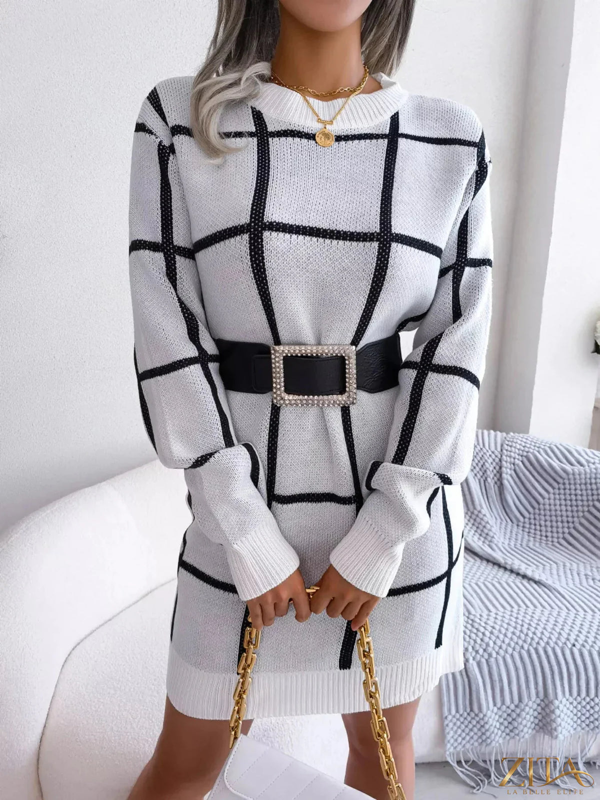 Zita La Belle Elite plaid pattern long sleeve sweater dress displayed on a mannequin, featuring a cozy, stylish design.