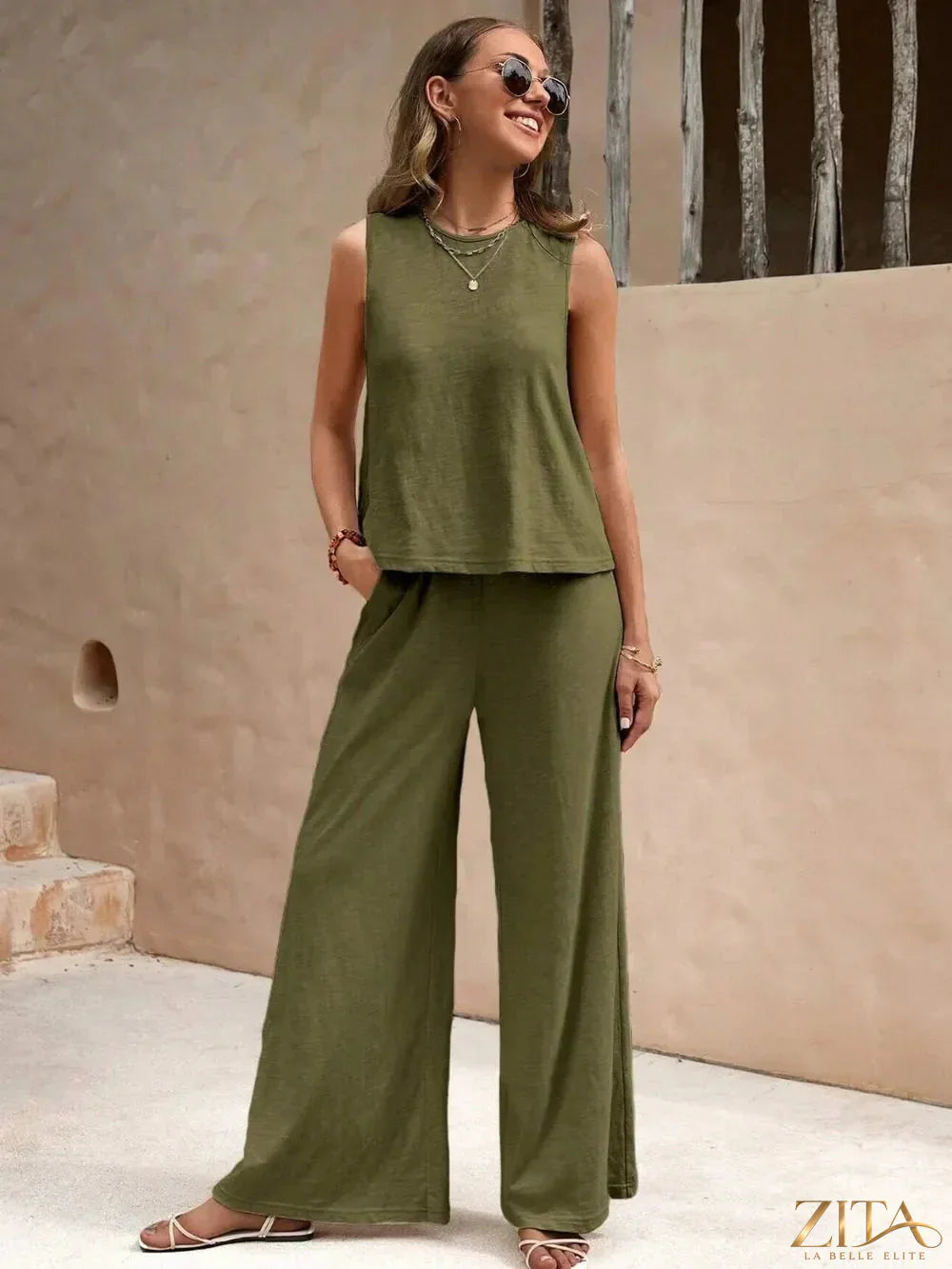 Zita La Belle Elite round neck sleeveless top and wide-leg pants set, shown in a stylish, coordinated outfit with a modern design.