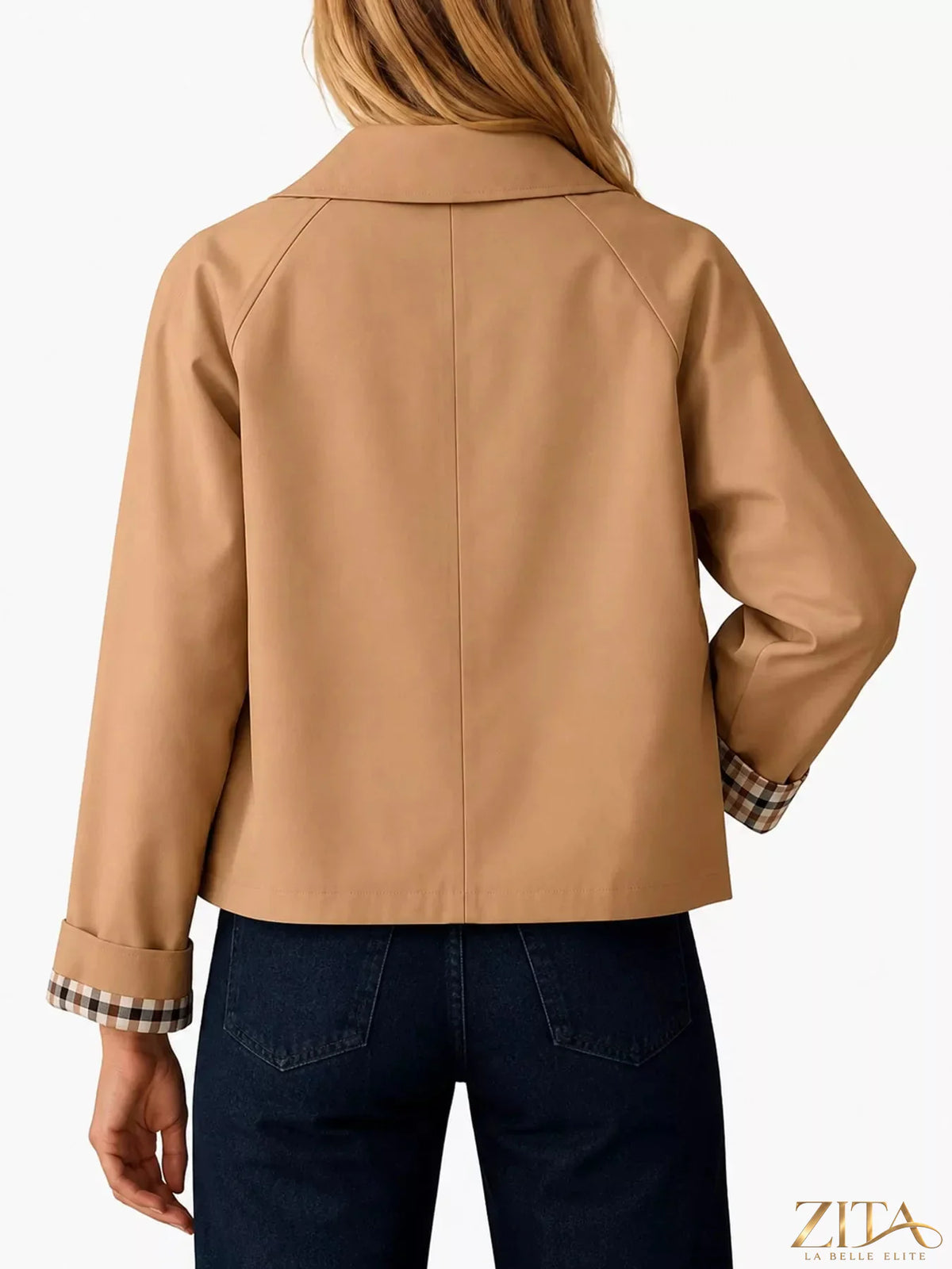 Zita La Belle Elite plaid cuffs cropped trench coat with button details and belted waist, stylish outerwear for fall and winter.