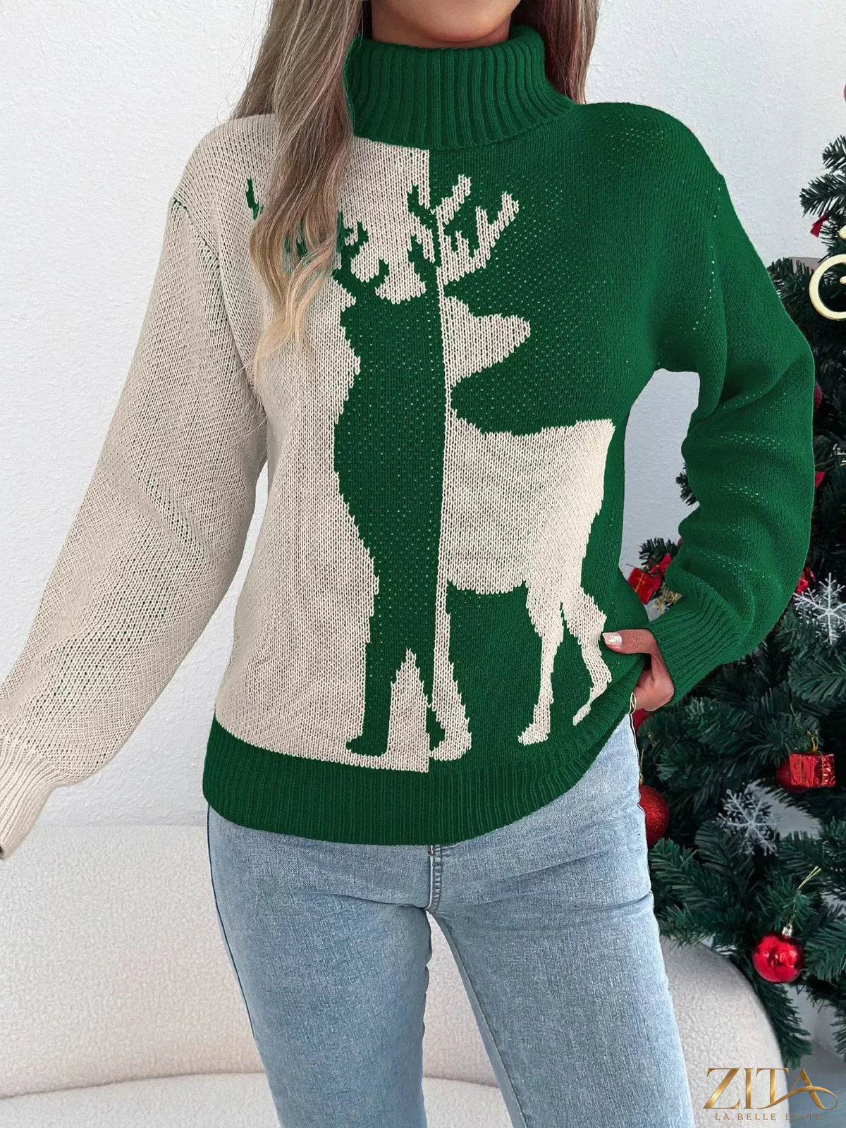 Christmas Reindeer Turtleneck Sweater by Trendsi featuring festive reindeer print on cozy knit fabric.
