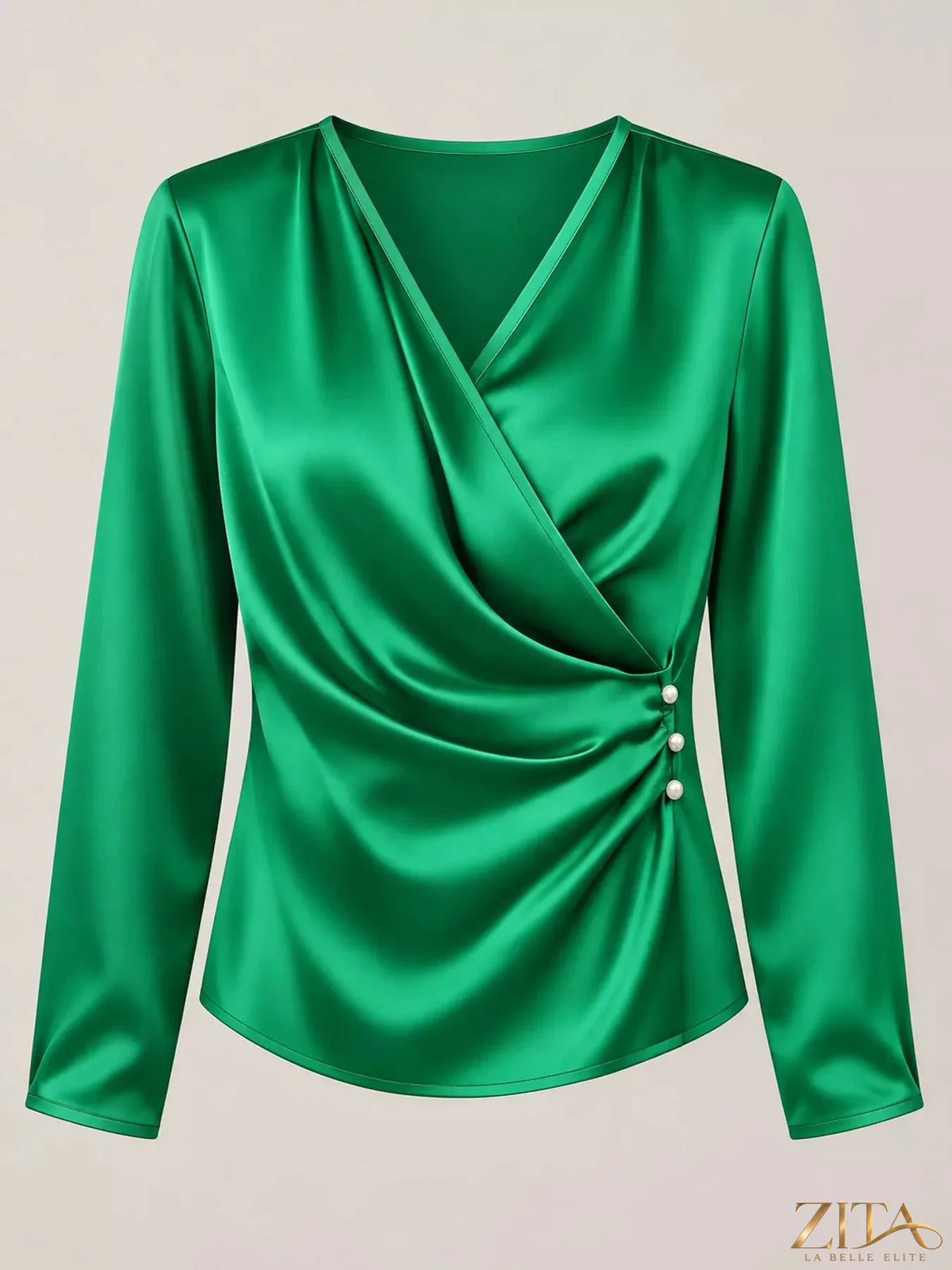 Zita La Belle Elite satin surplice long sleeve blouse with V-neck and elegant draping, shown in soft satin fabric.