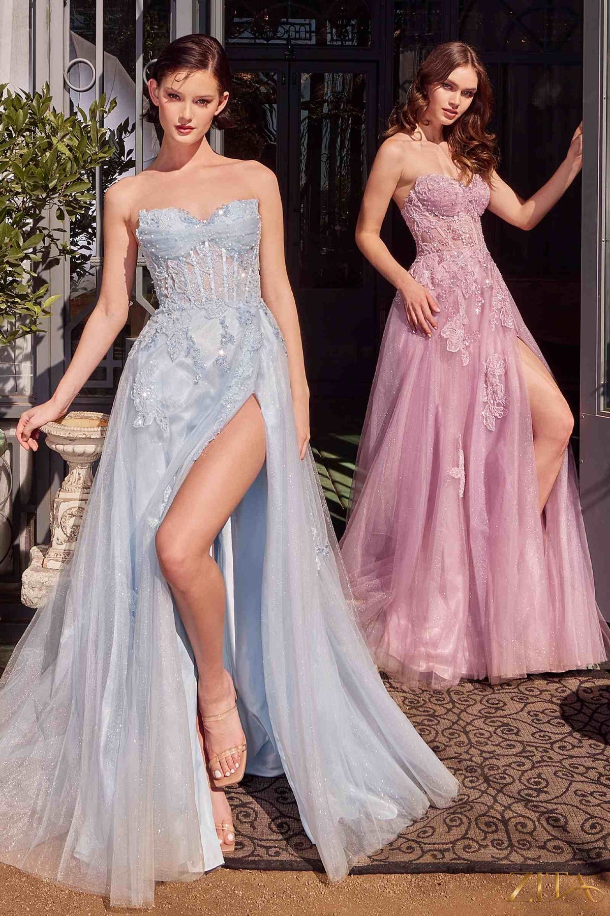 Elegant strapless layered tulle ball gown by Zita La Belle Elite, featuring soft mauve, pink, and light blue hues.