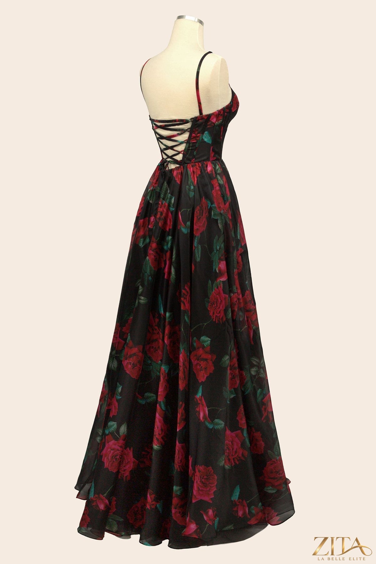 Rose print organza gown by Zita La Belle Elite, featuring a flowing dress with floral patterns and elegant design.