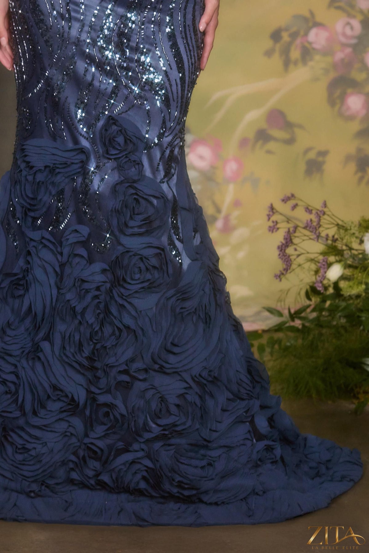 Navy satin off-the-shoulder mermaid gown by Zita La Belle Elite, elegant dress with fitted bodice and flared skirt.