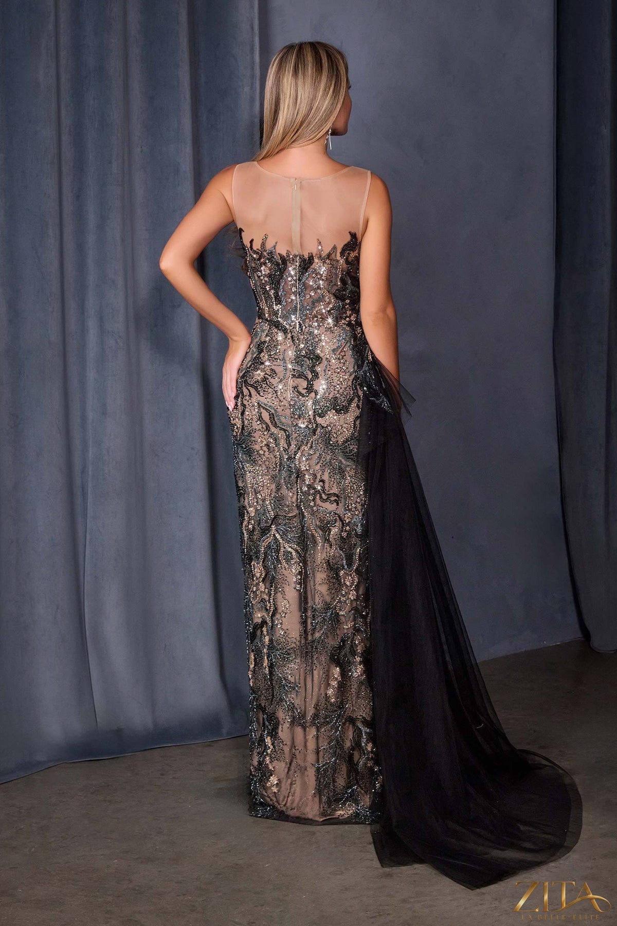 Zita La Belle Elite fitted formal gown with black sequin embroidery over nude mesh, shown from the back.