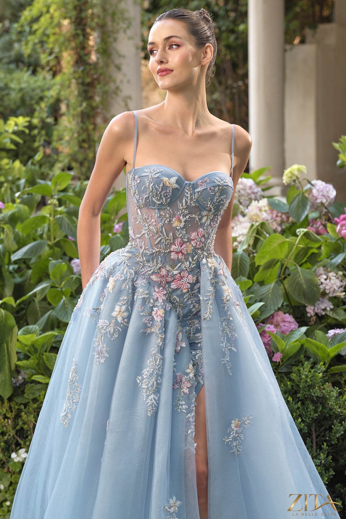 Zita La Belle Elite whimsical strapless prom ball gown in blue with a full, flowing skirt