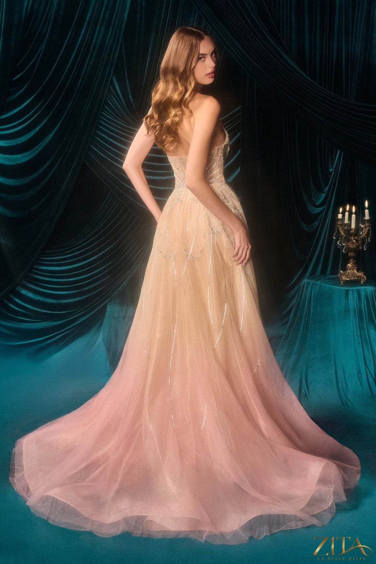Zita La Belle Elite fitted layered ombre pattern overskirt gown in champagne-blush, elegant formal dress with flowing fabric.