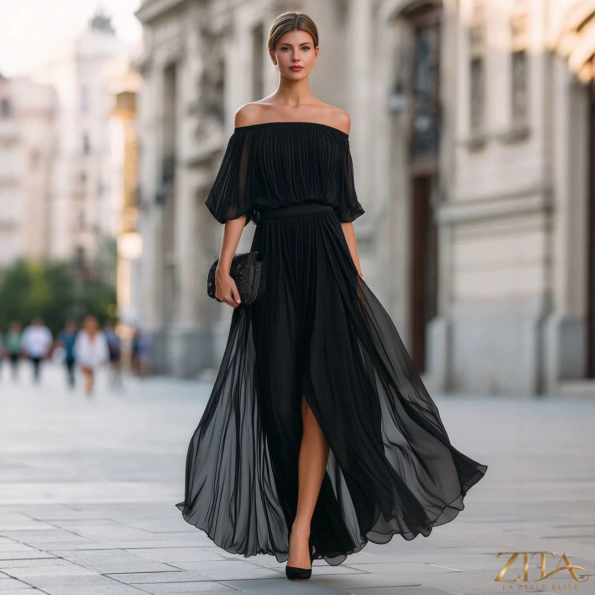 Zita La Belle Elite one-shoulder chiffon maxi dress with ruffle sleeve, elegant flowy design perfect for formal occasions
