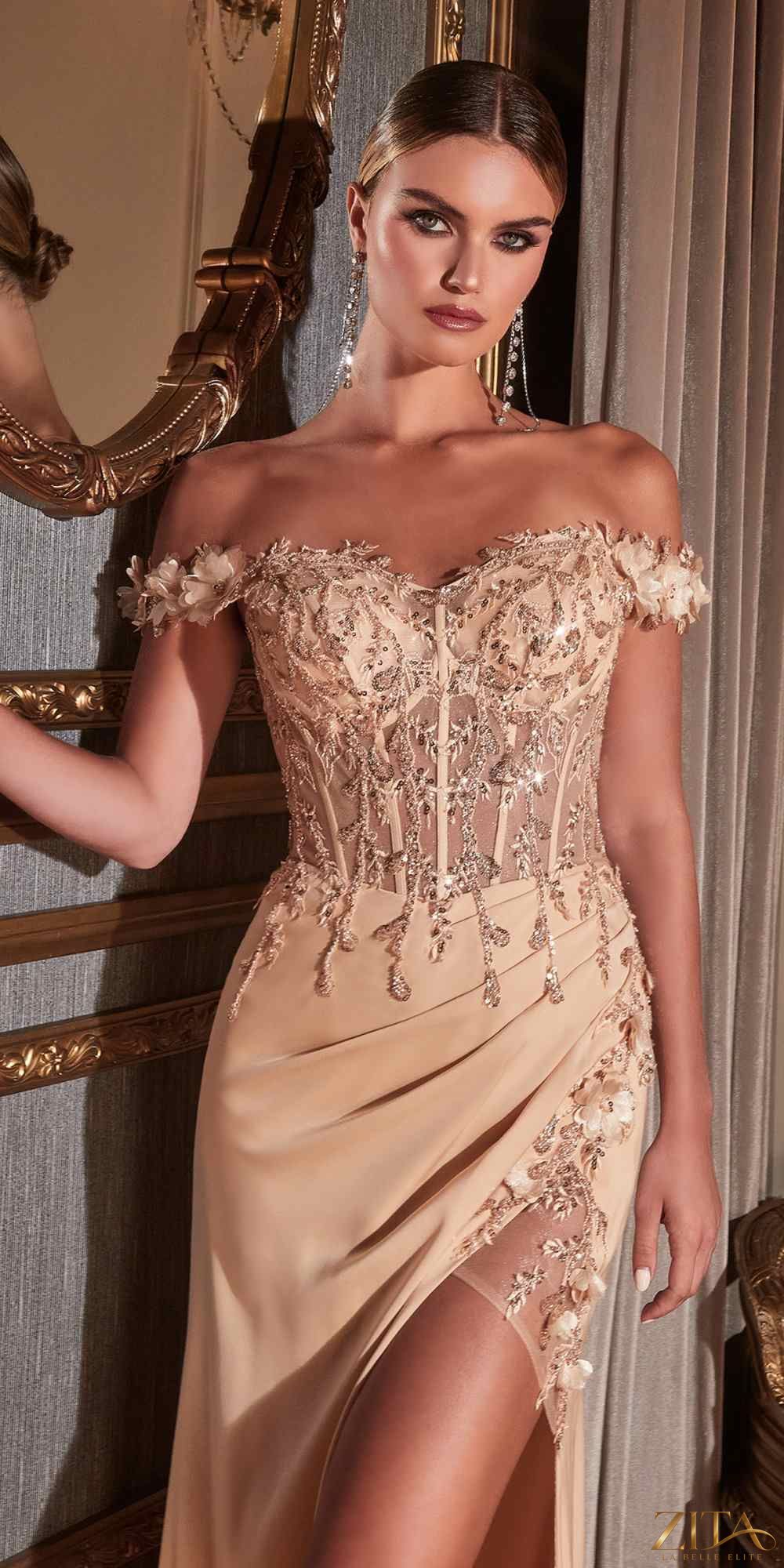 Zita La Belle Elite champagne floral off-the-shoulder evening gown with front slit
