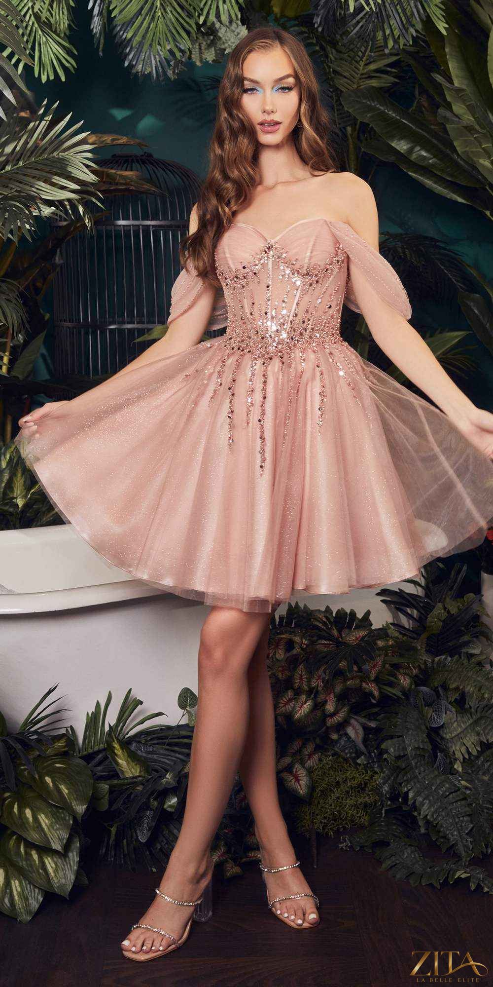 Zita La Belle Elite blush off-shoulder embellished A-line corset short dress