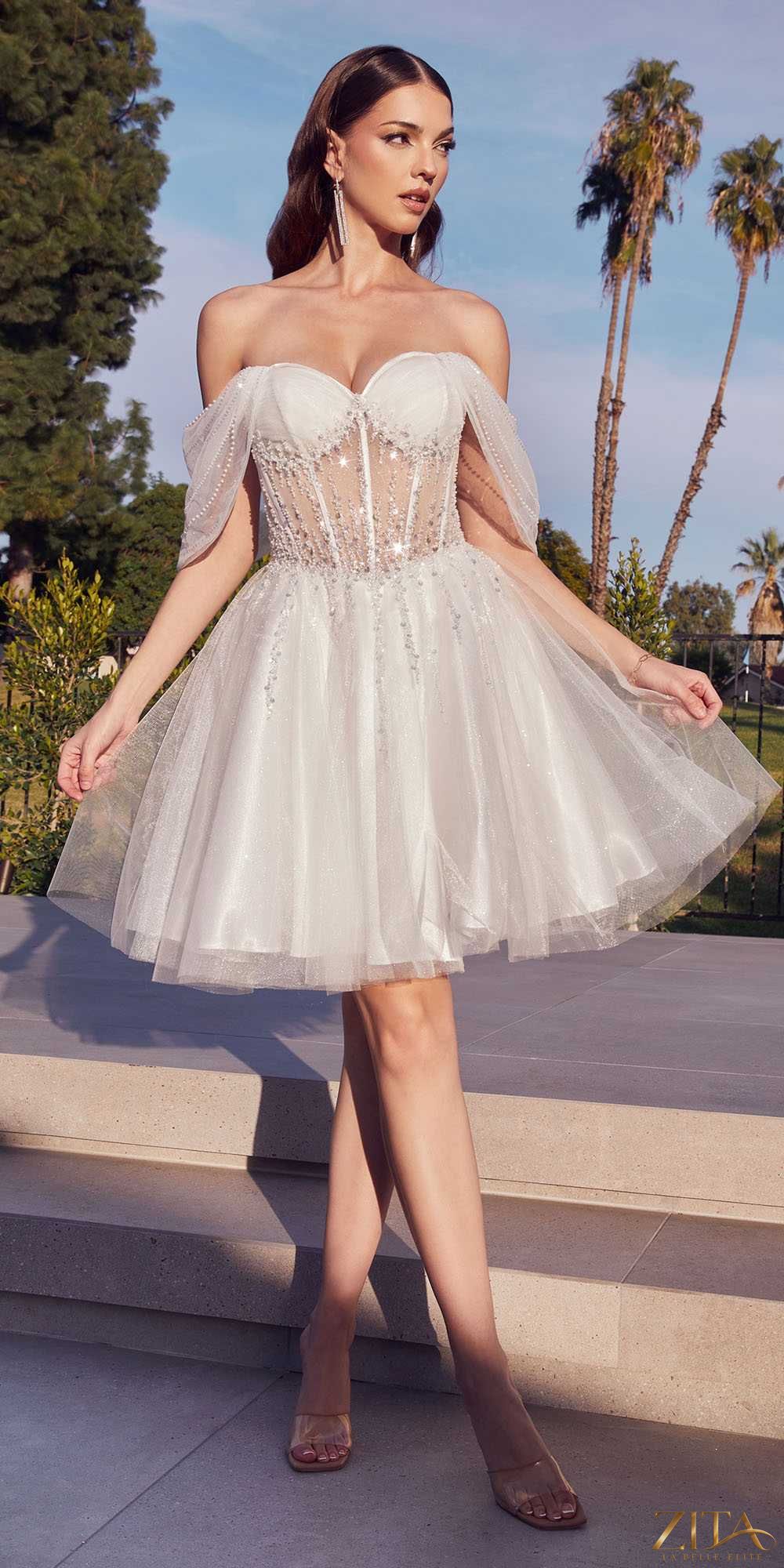 Zita La Belle Elite off-shoulder embellished A-line corset short dress in off-white