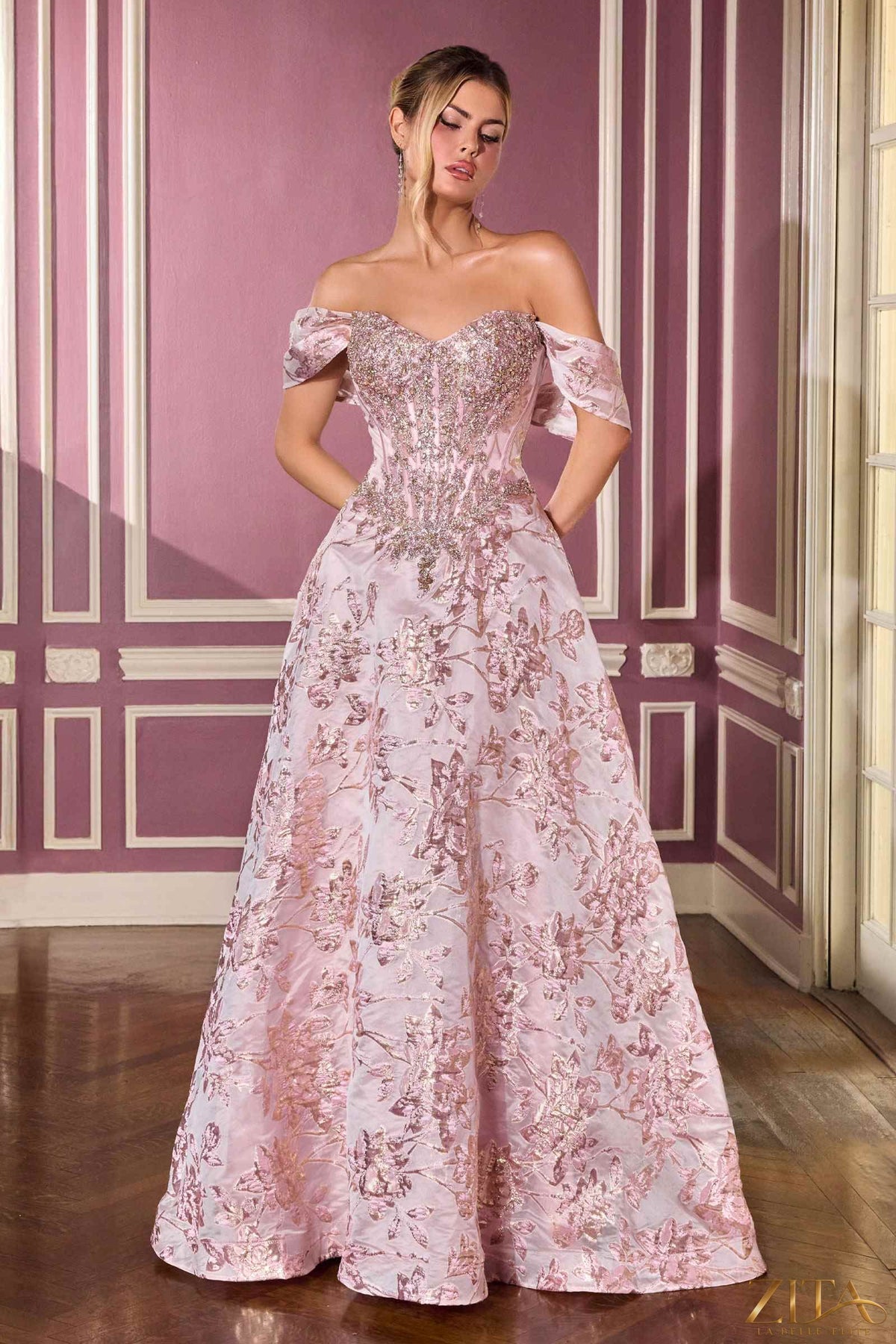 Pink off-the-shoulder beaded bodice ball gown dress by Zita La Belle Elite, front view showcasing elegant design and intricate beadwork.