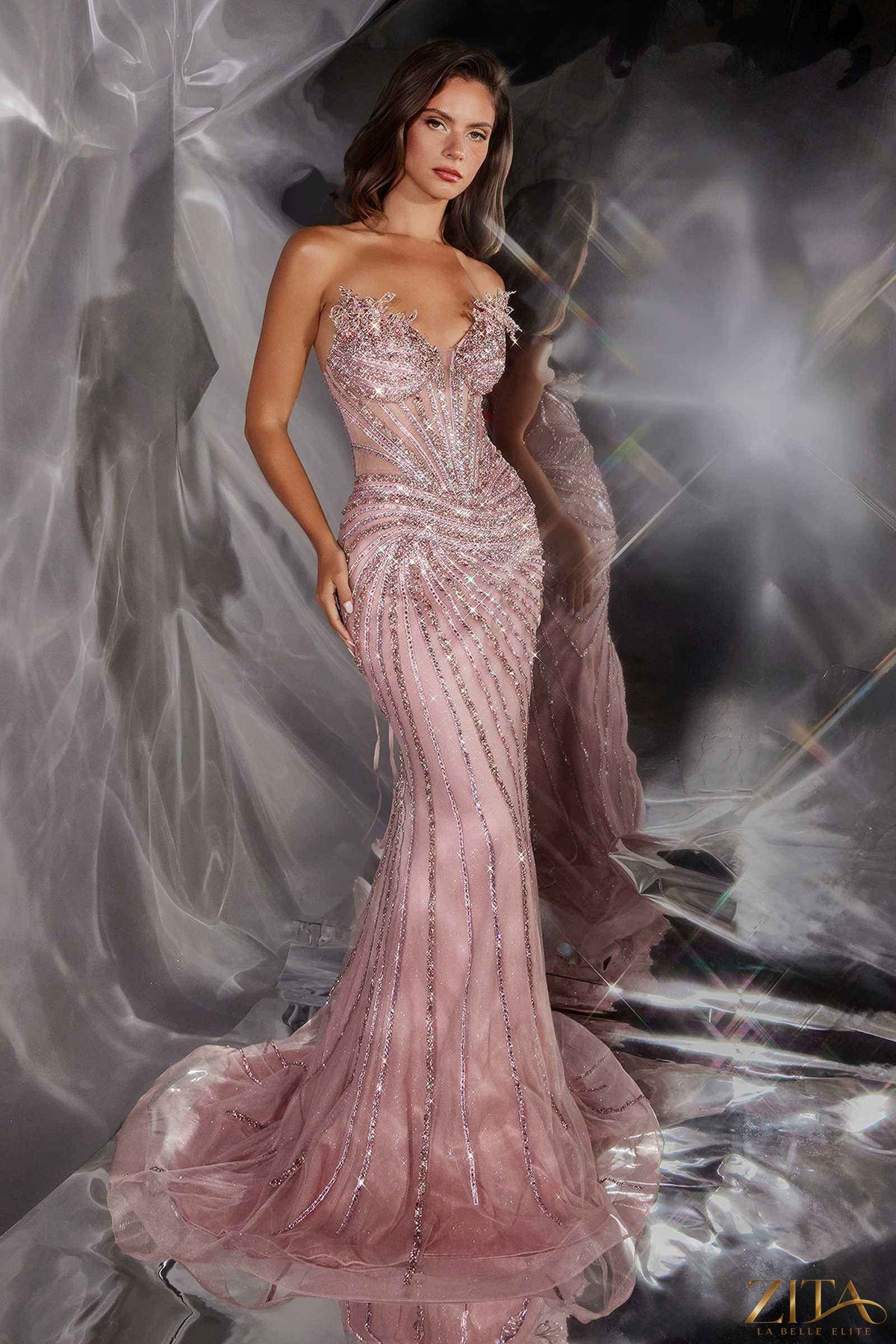 Elegant Zita La Belle Elite Radiant Linear Beaded Strapless Mermaid Gown in rose, featuring intricate beadwork and a fitted silhouette.