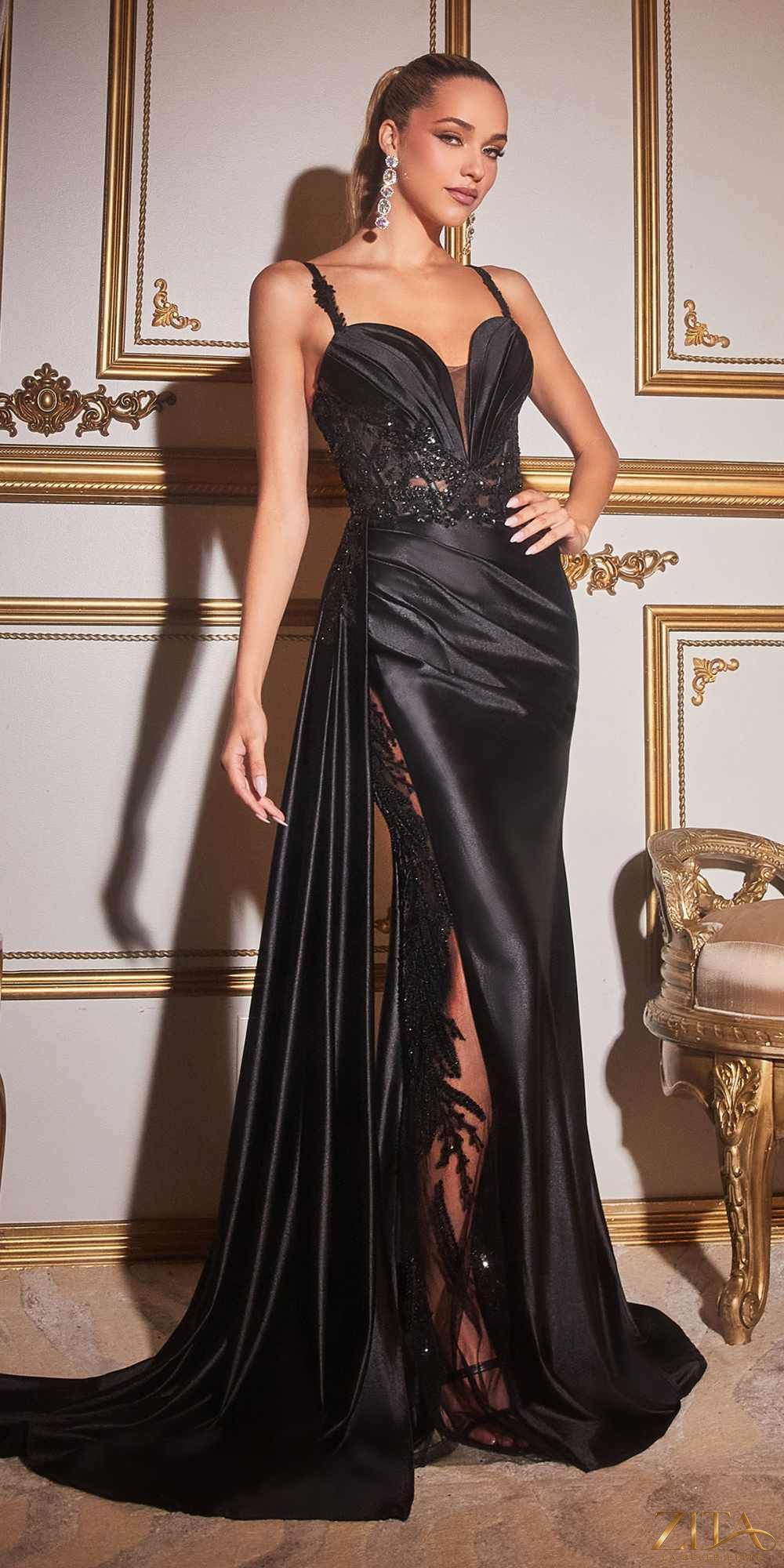 Black floor-length satin fitted gown with side sash, elegant dress from Zita La Belle Elite.