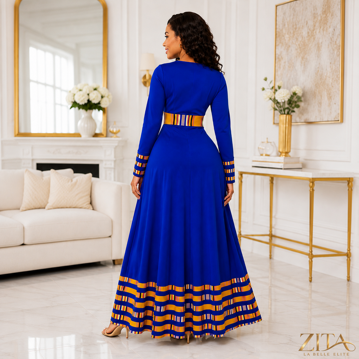 Zita La Belle Elite royal blue dashiki trim formal long-sleeved maxi evening dress