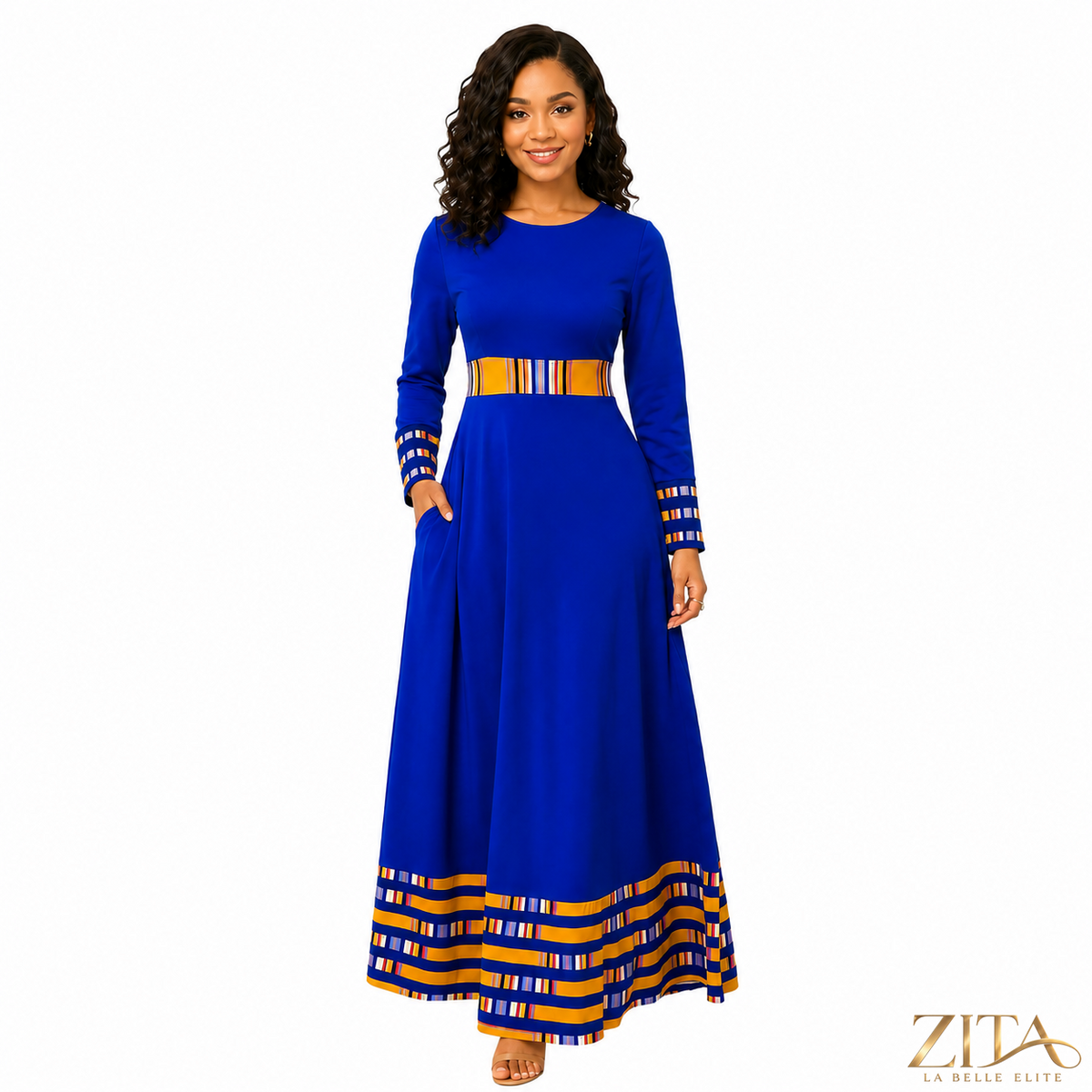 Royal blue dashiki trim formal long-sleeved maxi dress by Zita La Belle Elite, featuring intricate dashiki details and elegant design.