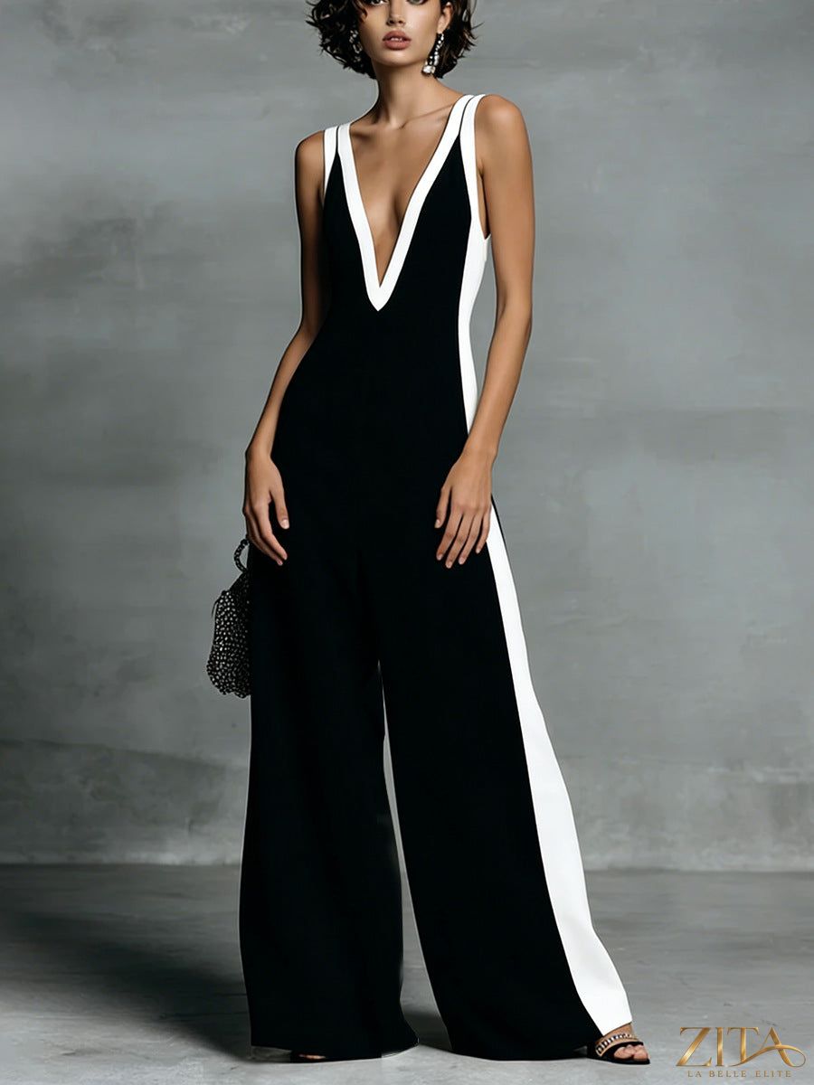Zita La Belle Elite color-block sleeveless V-neck wide-leg casual jumpsuit displayed on a hanger, showcasing vibrant fabric and stylish design.