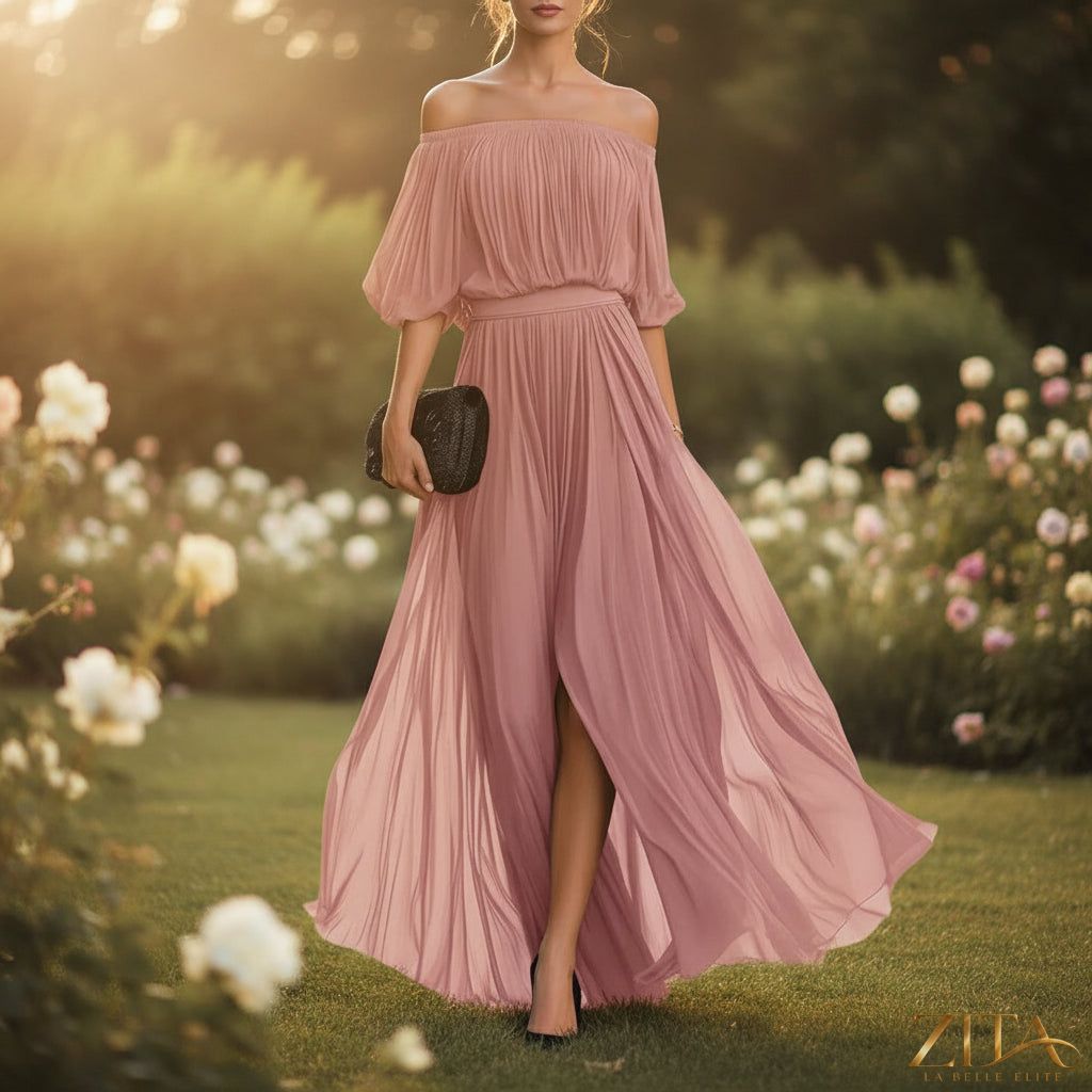 Zita La Belle Elite one-shoulder chiffon maxi dress with ruffle sleeve, flowing design, ideal for elegant occasions.