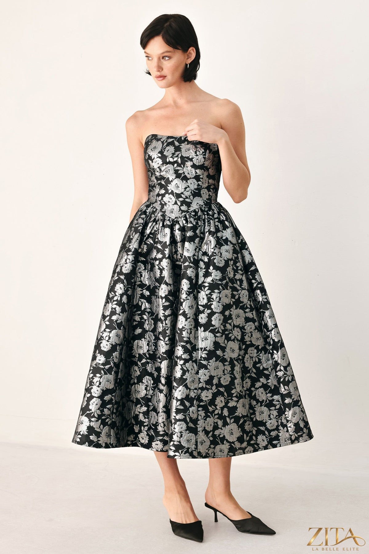 Black Midnight Sparkle Sweetheart Midi Dress by Zita La Belle Elite, featuring a fitted bodice and shimmering silver details.