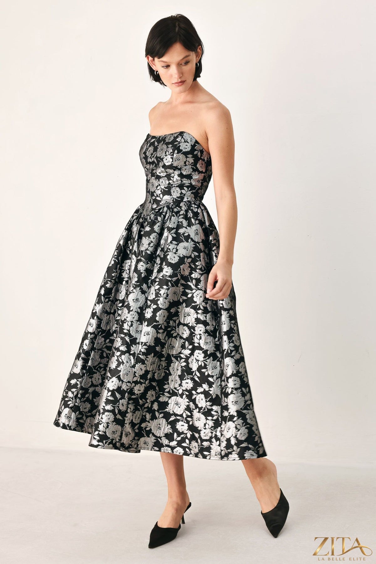 Black Midnight Sparkle Sweetheart Midi Dress by Zita La Belle Elite with silver embellishments and fitted silhouette.