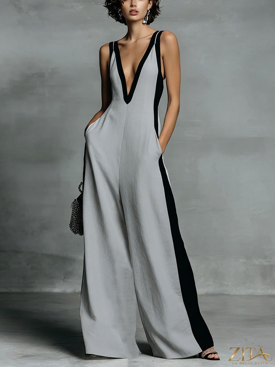 Color-block sleeveless V-neck wide-leg jumpsuit by Zita La Belle Elite, casualwear with vibrant color panels and flowing wide-leg design.
