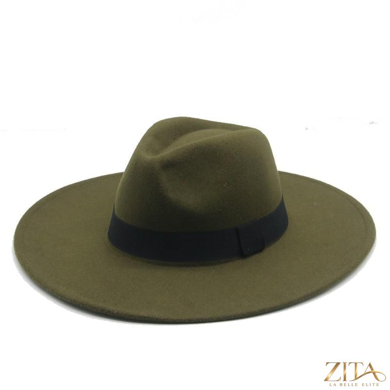 Women's wide brim Fedora hat with belt from Zita La Belle Elite, elegant fashion accessory in neutral tones.