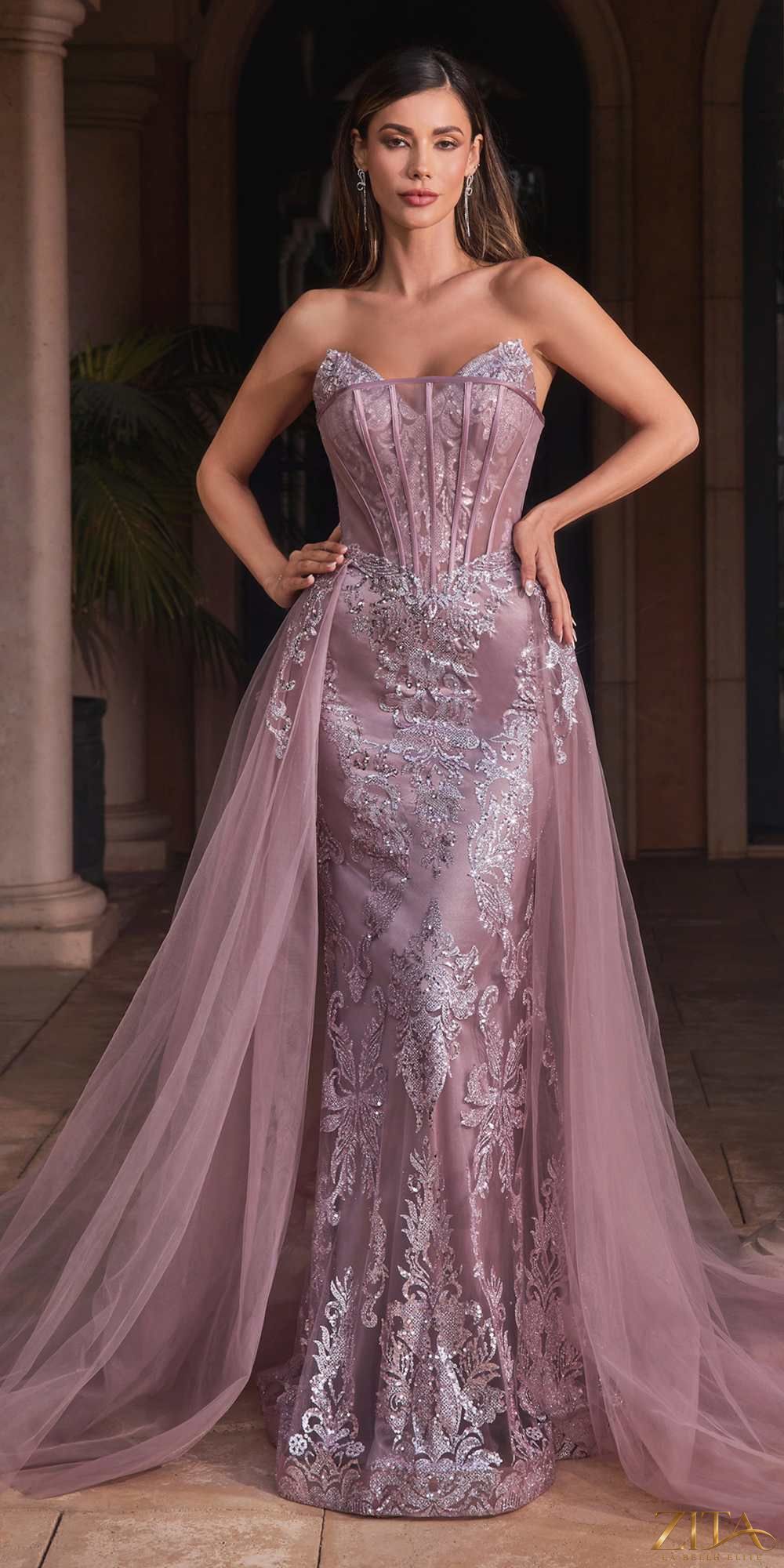 Dusty mauve Cinderella Divine J858 strapless glitter mermaid gown by Zita La Belle Elite, featuring a fitted, elegant dress with sparkling details.